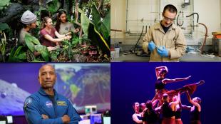 A composite image featuring a student working in a lab, students and a professor in the Plant Conservatory, a portrait of alumnus and astronaut Victor Glover and student dancers arranged in a pose during a performance.