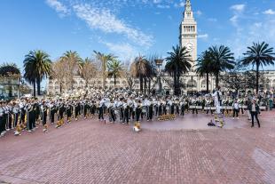 Mustang Band lines up near the Ferry Building in San Francisco for the annual Battle of the Bands with UC Davis ahead of the Chinese New Year Parade.