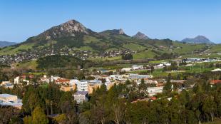 A view of Cal Poly's campus with Bishop Peak in the background.