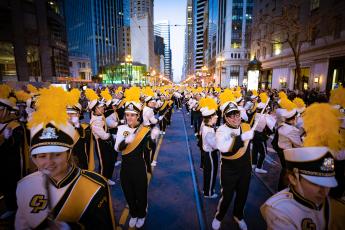 Cal Poly's Mustang Band performing in downtown San Francisco for the Chinese New Year Parade