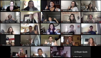 A Zoom screenshot showing 25 students smiling and giving a thumbs-up.