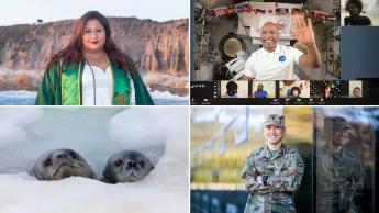Four photos make up a composite photo including a woman in a graduation robe, a man in an army uniform, an astronaut on a Zoom call and two seals. 