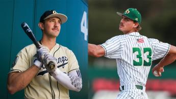 Two action shots of Cal Poly baseball players in uniform with a bat and throwing a ball