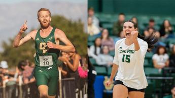 A male athlete in a green uniform runs across a finishline and a female athlete in a white jersey celebrates on the volleyball court