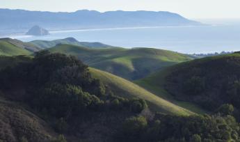 A view of the green hills leading down to the coast in Morro Bay. Morro Rock is visible in the distance.