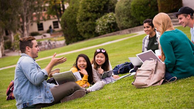 Group of student studying together outside