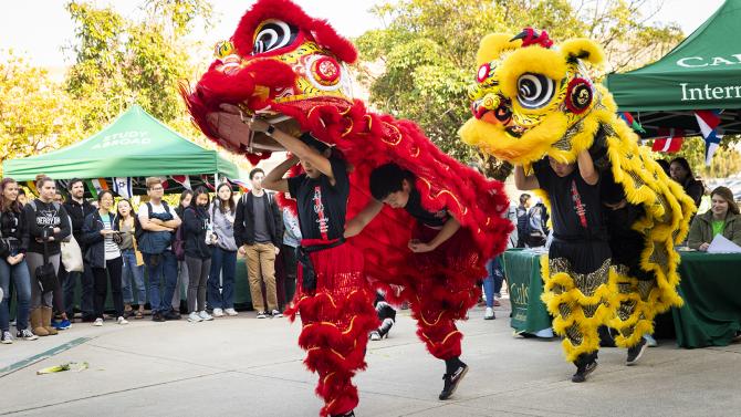 Two Cal Poly dancers perform the lion dance