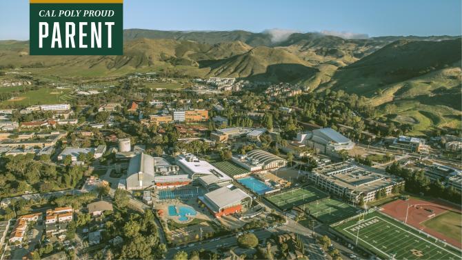 Image of campus from above with the text Cal Poly Proud Parent
