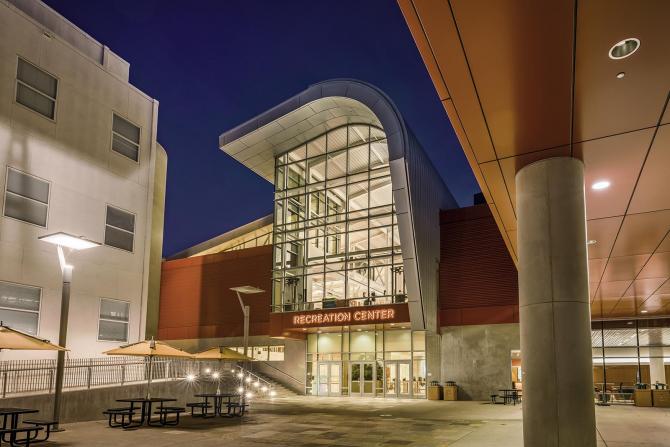 Exterior of the Recreation Center at night