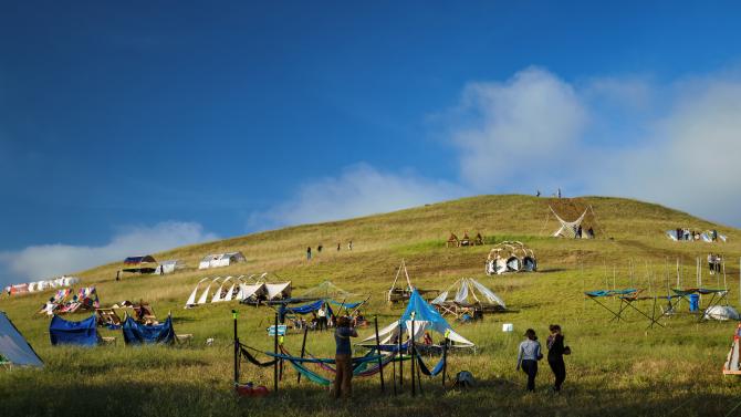 Structures dot the hills in Poly Canyon during Design Village in 2022