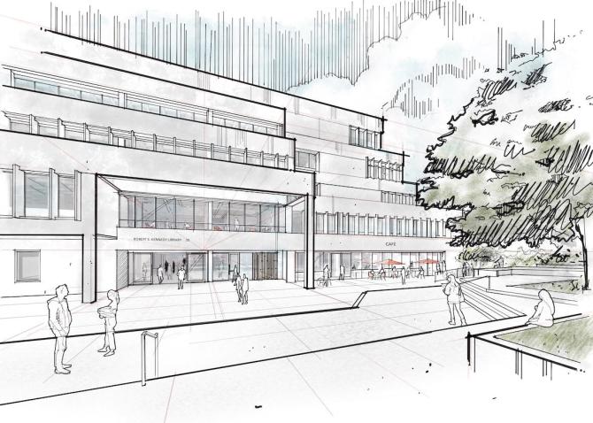 Sketch of the front of the Kennedy Library to show its transformation