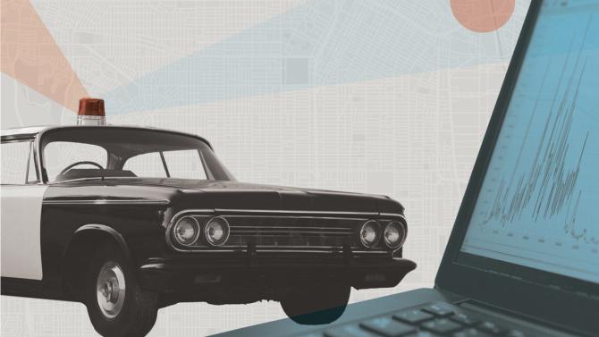 An illustration with a police car, a map and a computer with a line graph