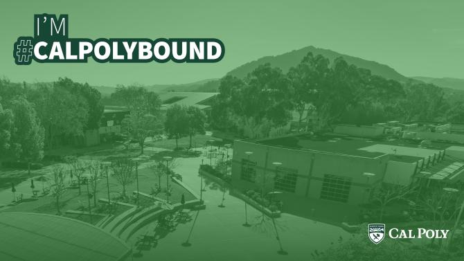 Graphic for Zoom background showing campus with a green overlay and Cal Poly Bound