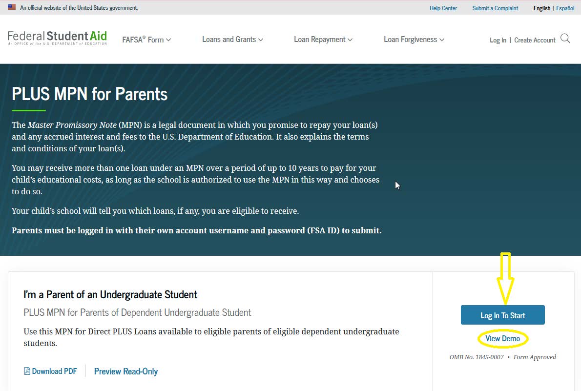 Screenshot Parent PLUS MPN details