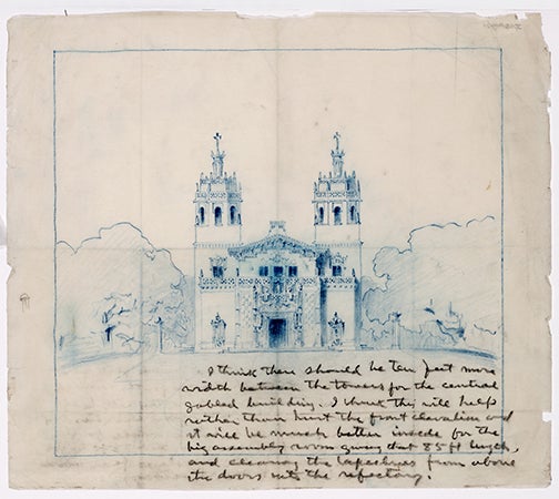 One of many sketches by Julia Morgan of the front façade of Hearst Castle’s Casa Grande, featuring written comments from William Randolph Hearst, 1922.  Credit: Julia Morgan Papers, Special Collections and Archives, Robert E. Kennedy Library, Cal Poly.  