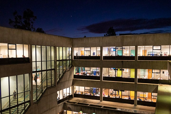 The Kennedy Library at night.