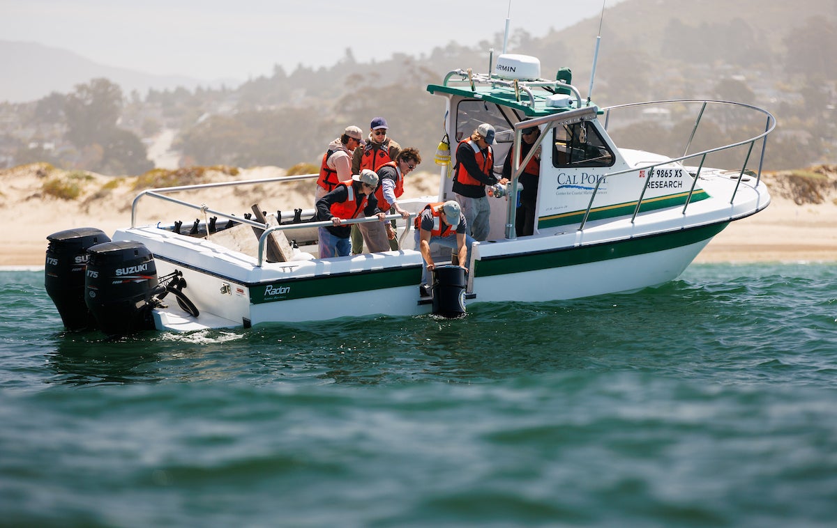A team of students in a Cal Poly-branded boat lowers a wave generator into the water near Morro Bay. 