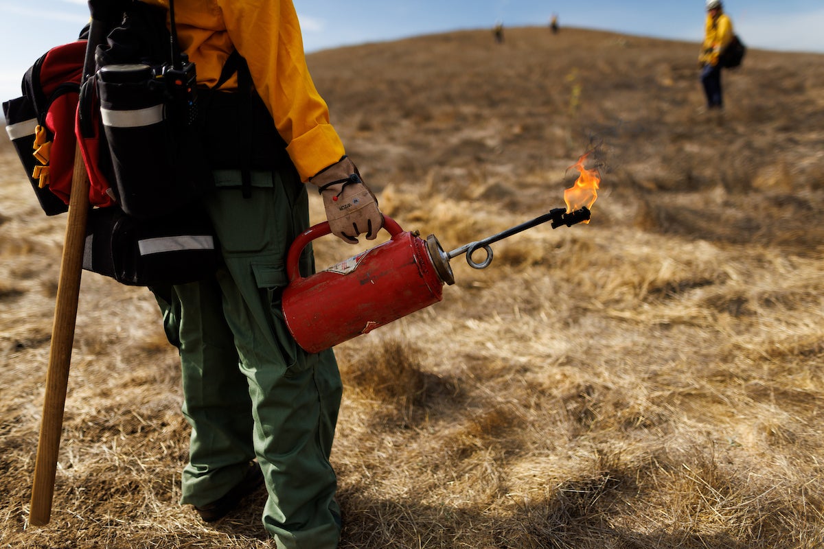 A person in firefighting gear holds a drip torch with flames coming out of the end.
