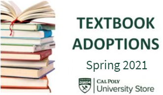 Stack of books with the words "Textbook Adoptions, Spring 2021"