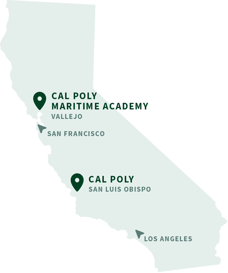 A map of California showing where our two campuses are located.