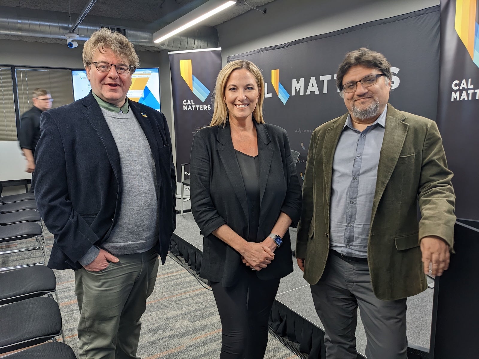 Alex Dekhtyar, Julie Watts and Foaad Khosmood at a CalMatters gathering.