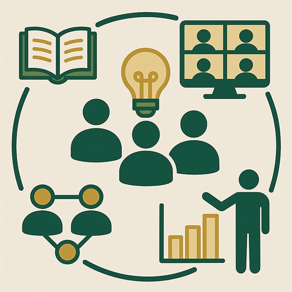 A graphic showing a cycle of a book, an online computer meeting, an individual presenting at a meeting, and people connecting, all surrounding individuals around a lit lightbulb.