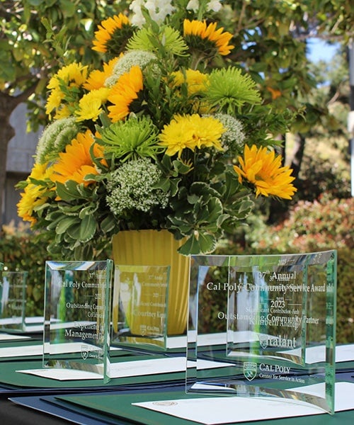 Awards sitting on a table with flowers behind them. 