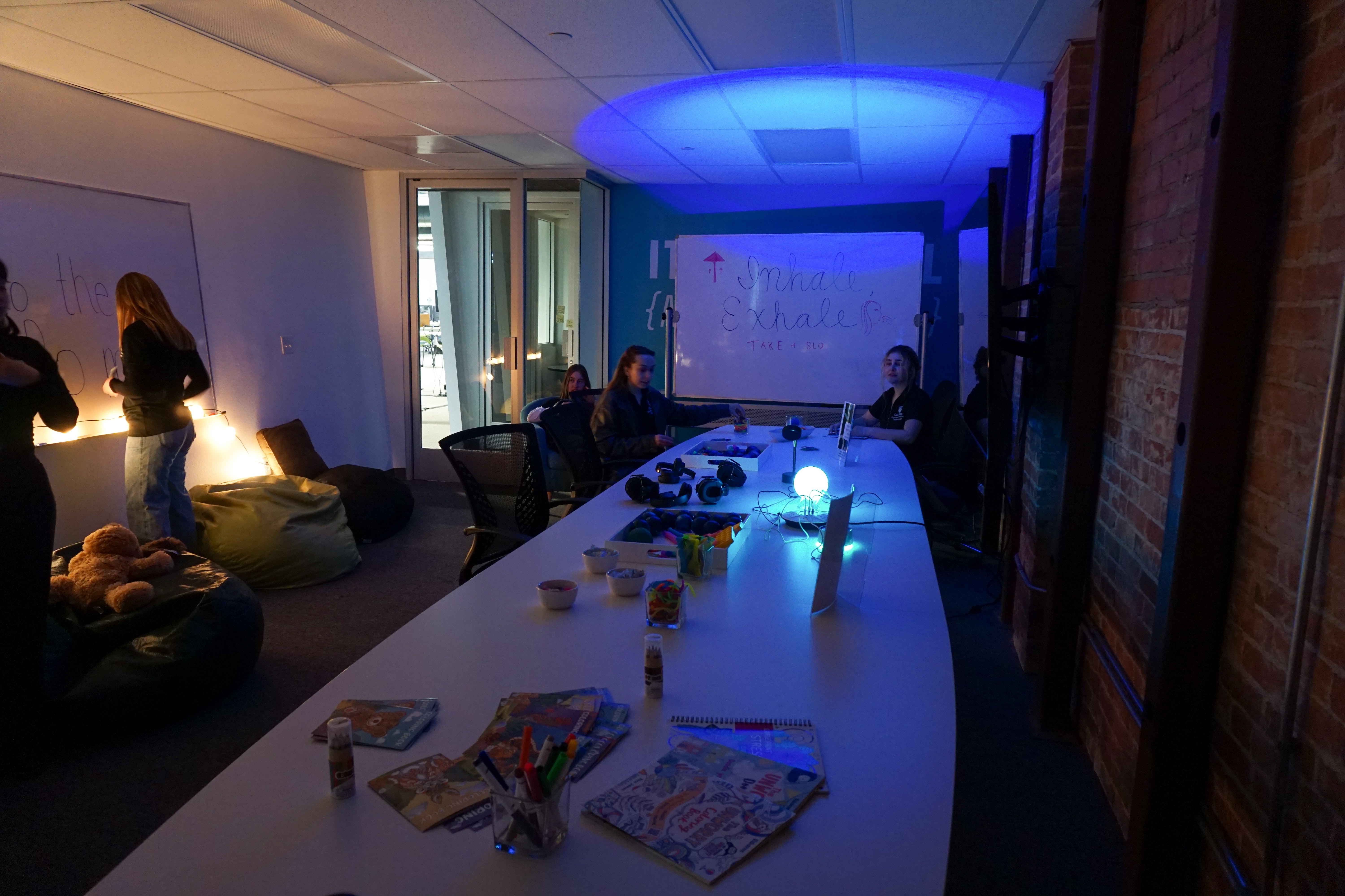 The interior of the resilience room included soft lighting, coloring books and games and motivational messages on a dry erase board.