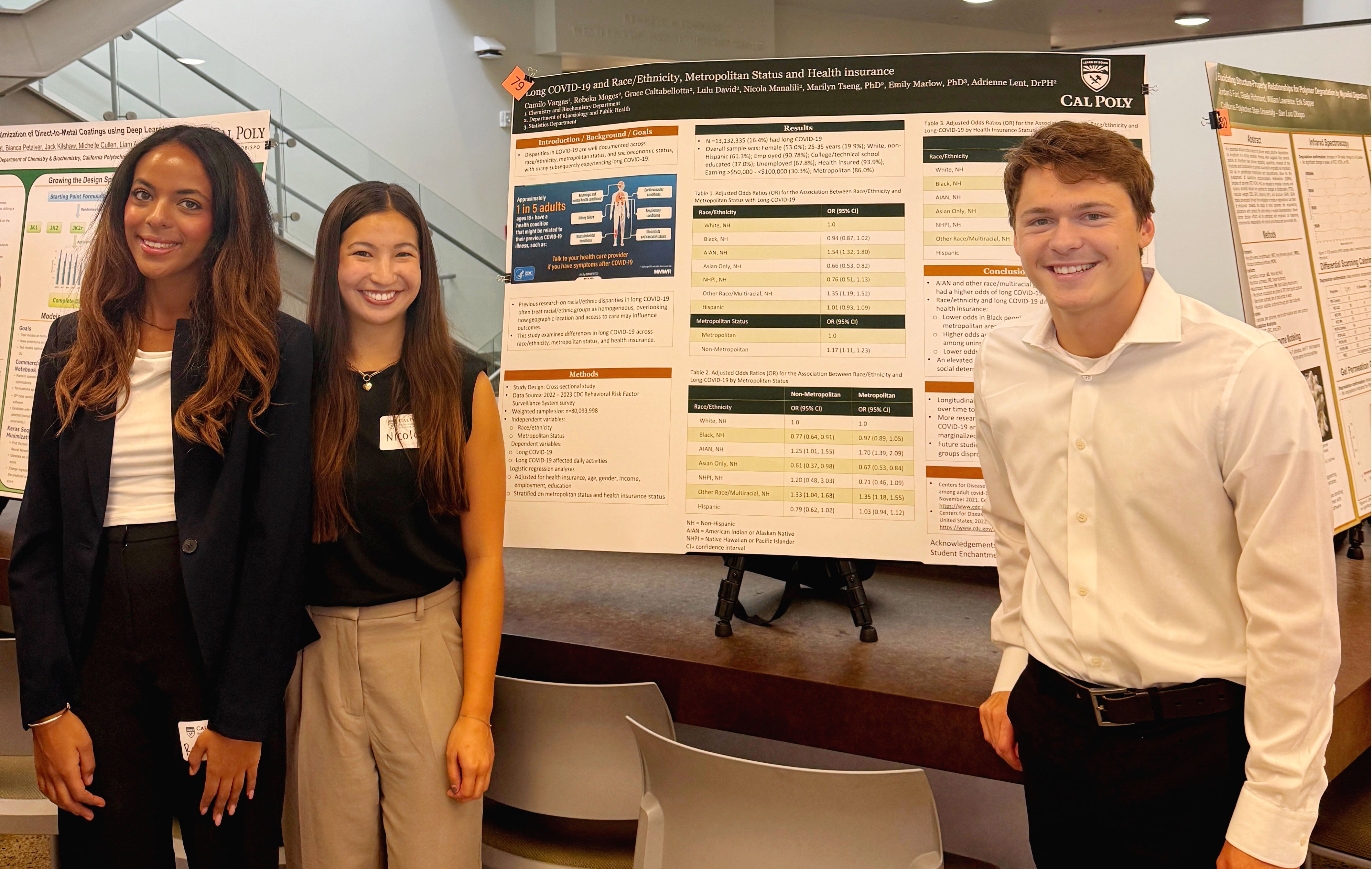 Rebeka Moges and two other students with a poster board of their research.