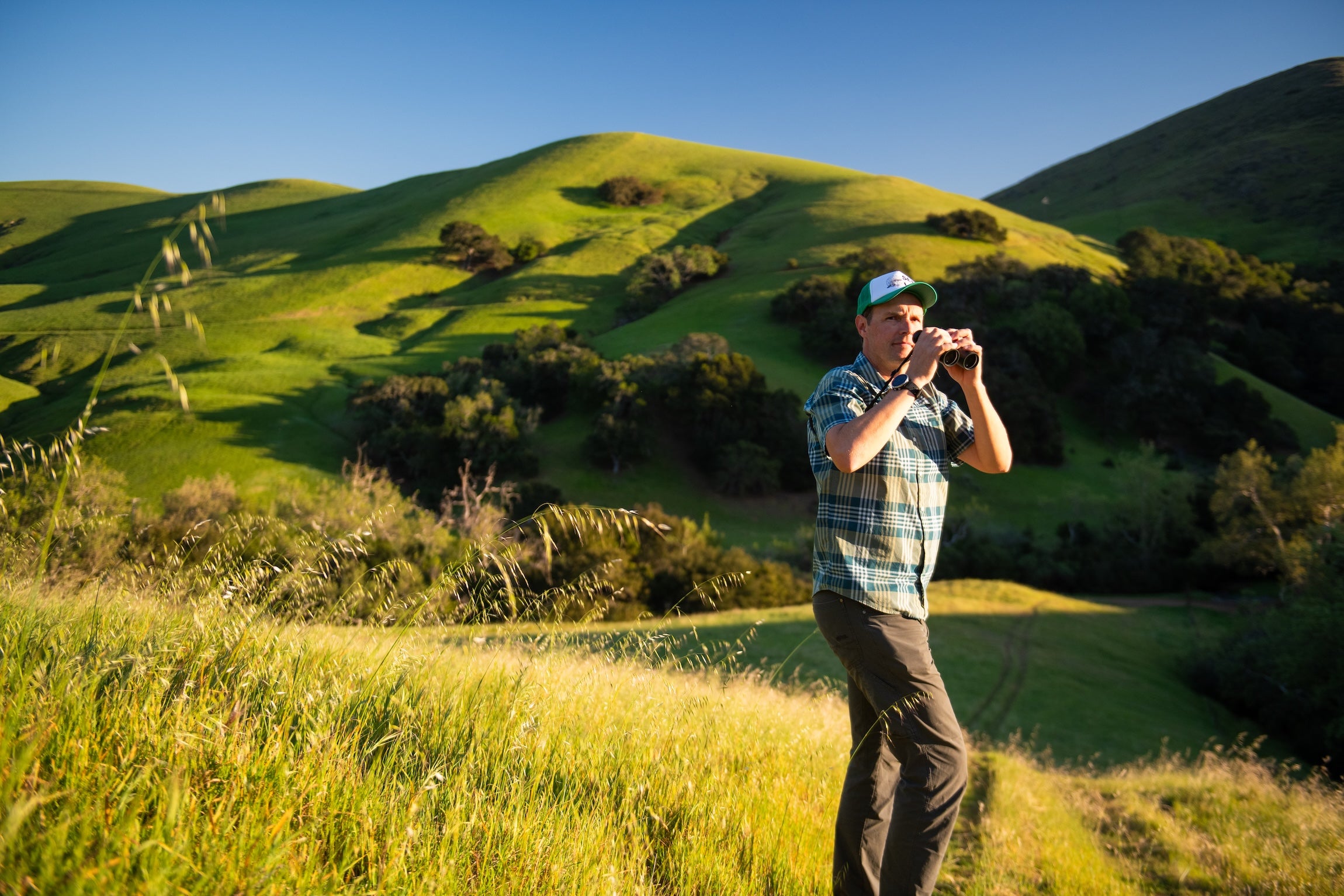 A professor holds binoculars in a field with hills in the background.