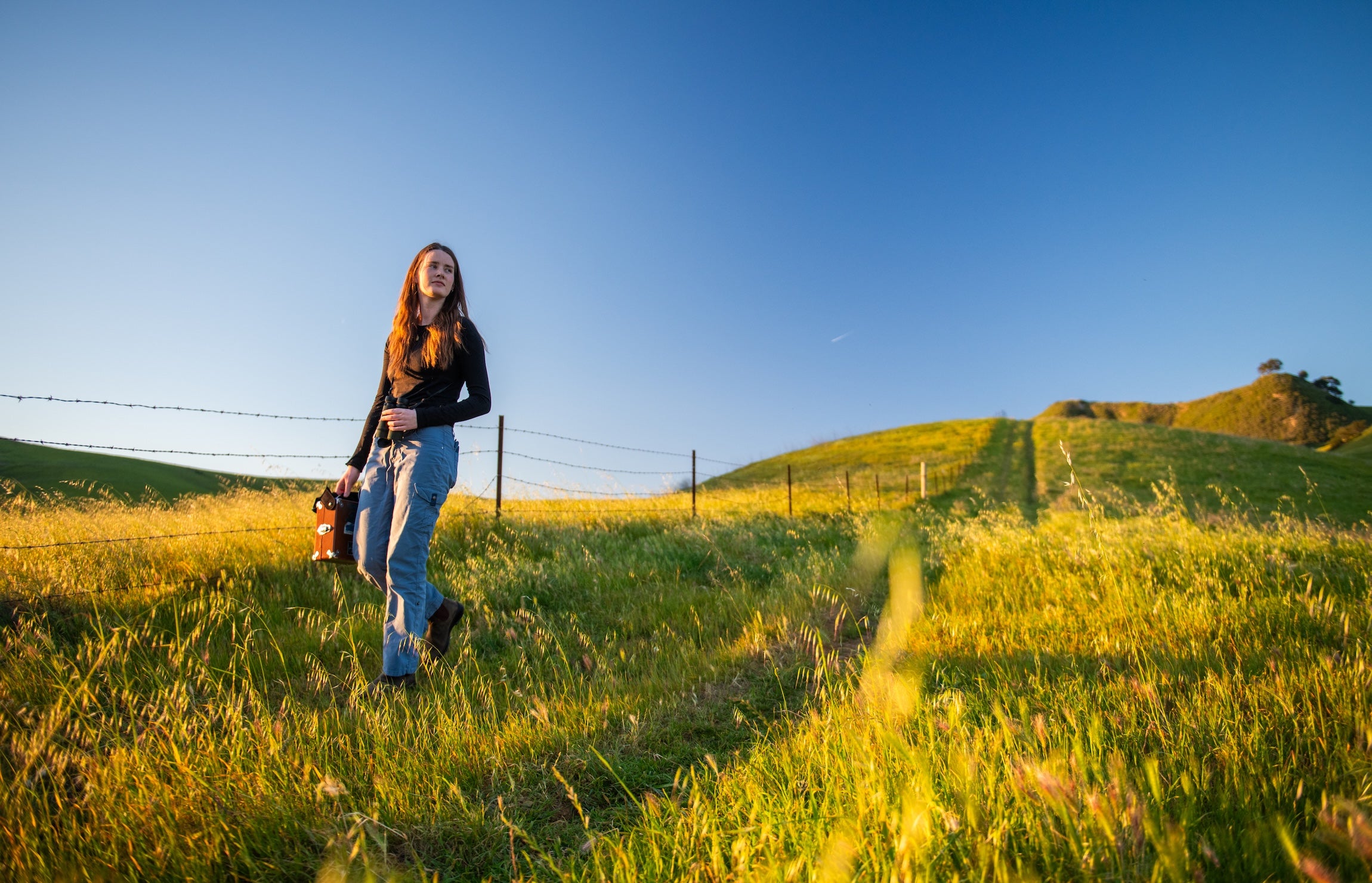 A student watches for birds in a meadow.
