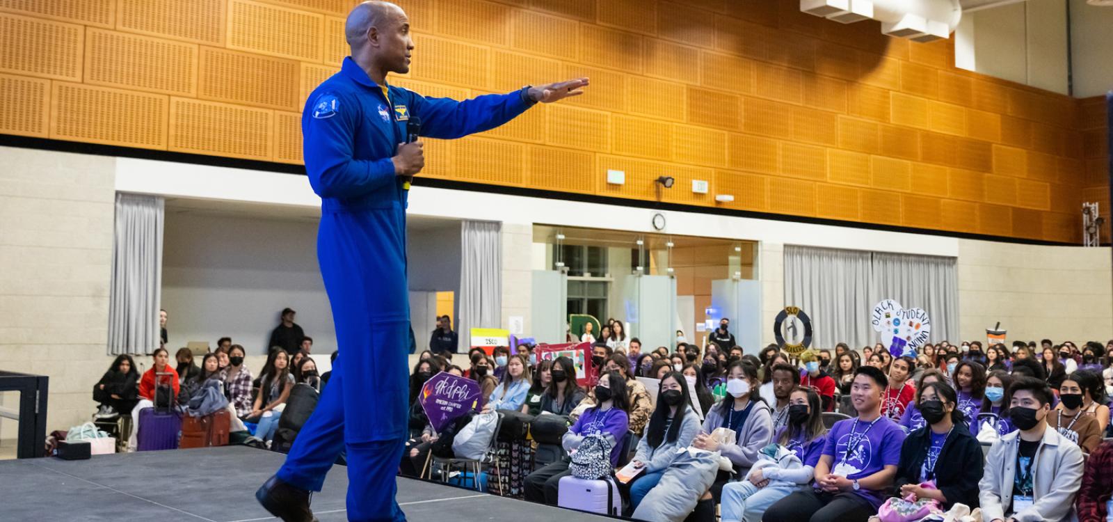 Captain Victor Glover speaks to prospective students at PolyCultural Weekend