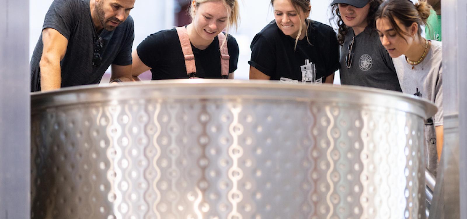 Professor Federico Casassa, far left, and fourth-year wine and viticulture students peer into a fermentation tank at the new wine and viticulture center.