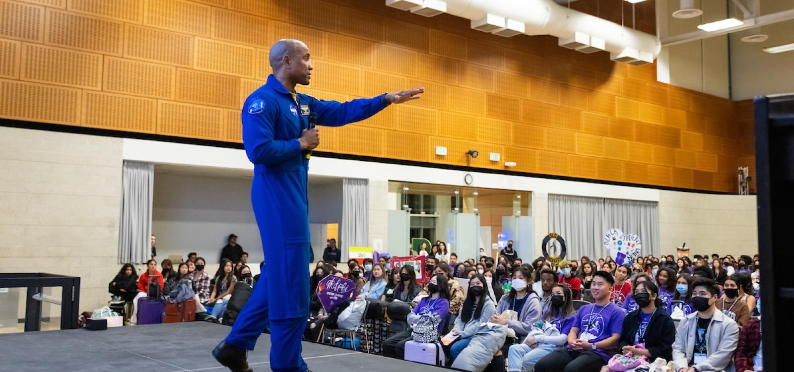Victor Glover speaks to students during PolyCultural Weekend in 2022. 