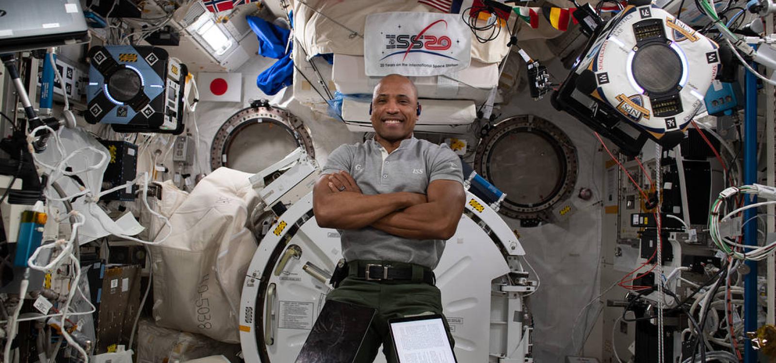 NASA astronaut and Expedition 64 Flight Engineer Victor Glover poses for a portrait inside the International Space Station's Kibo laboratory module.