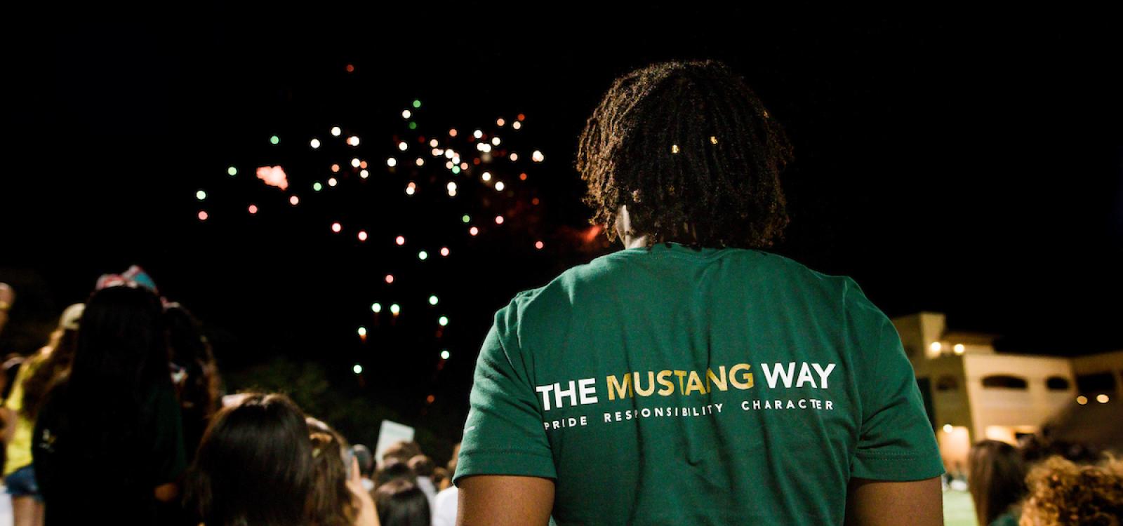 Fireworks burst overhead during the Big Fall Welcome at Spanos Stadium, held on the first night of WOW.