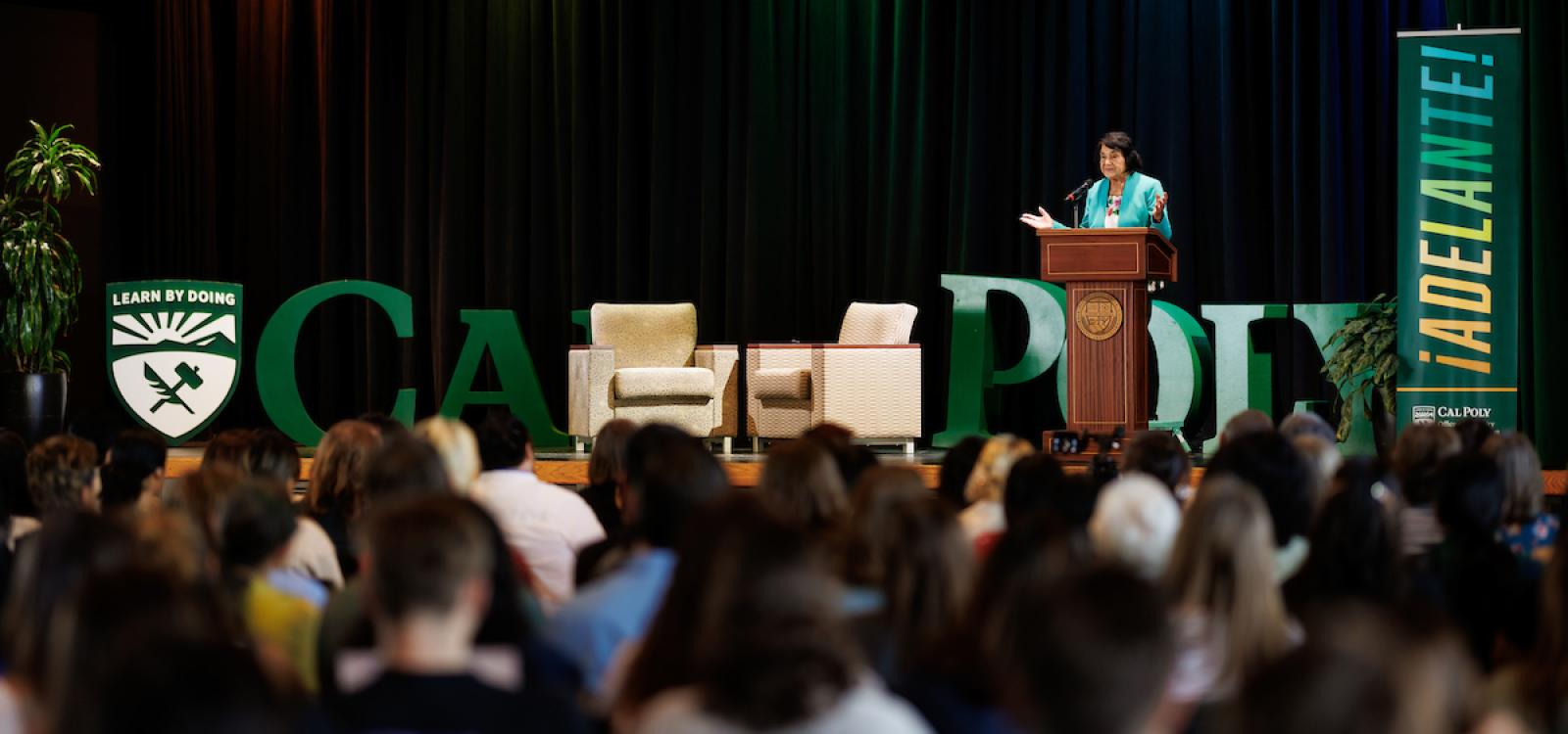 Iconic labor organizer Dolores Huerta spoke at Chumash Auditorium in October as part of ¡Adelante!, the inaugural Hispanic-Serving Institution Symposium: Pathway to Becoming an HSI, organized by the Office of University Diversity, Equity and Inclusion.