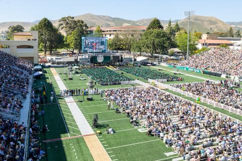 An aerial view of a Cal Poly commencement ceremony.