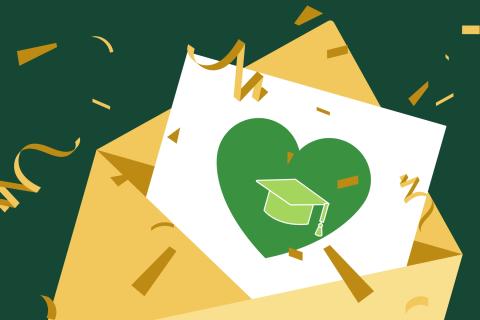 A graphic of a celebratory letter coming out of an envelope.