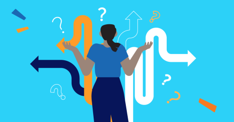 Graphic of a person looking at arrows pointing in multiple curving directions