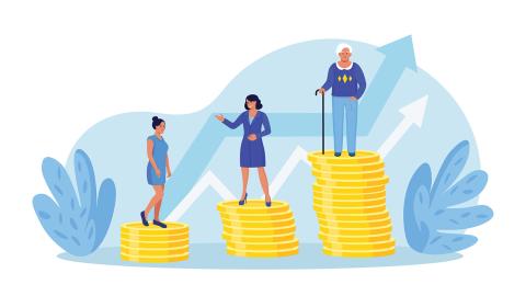 An illustration of individuals standing on different heights of stacked coins.