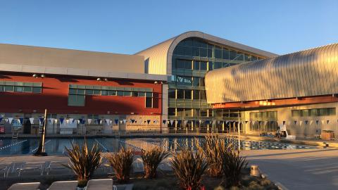 The Rec Center Pool, with the building in the background.