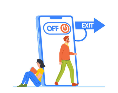An illustration shows a woman reading a book leaning against a phone-like door, which a man walks through.
