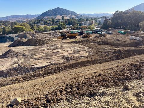 An aerial view of construction work near the Grand entrance of Cal Poly’s campus.
