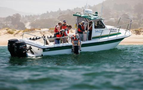 Students use Cal Poly’s Expeditionary Ocean Power Generator bob with the waves during offshore testing in Morro Bay.