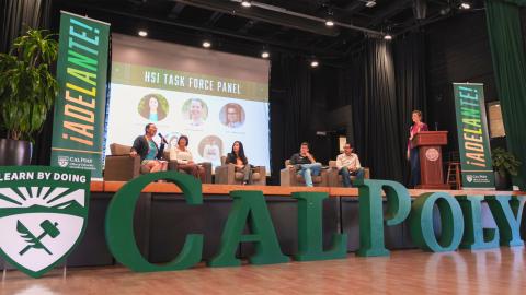 Image of HSI Advisory Board Panel discussion on Chumash Auditorium stage during 2024 Adelante HSI Symposium.