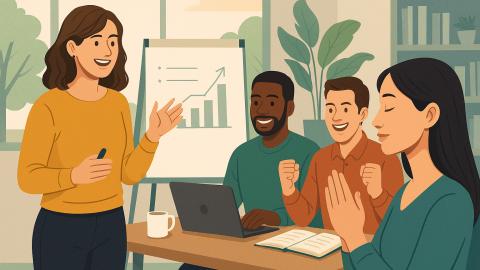 An illustration of person explaining employee benefits to colleagues.