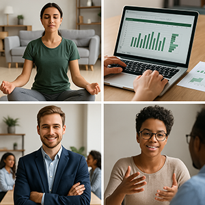 A photo collage with images of a person meditating, a computer and two people talking.