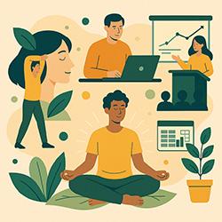 An illustrated collage of a person meditating, a person walking, a person using a laptop and a person giving a presentation.