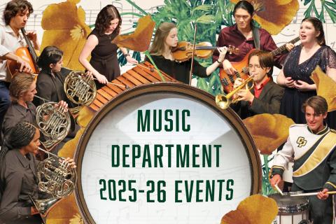 A photo collage of students playing instruments with the words “Music Department 2025-26 events” in the center.